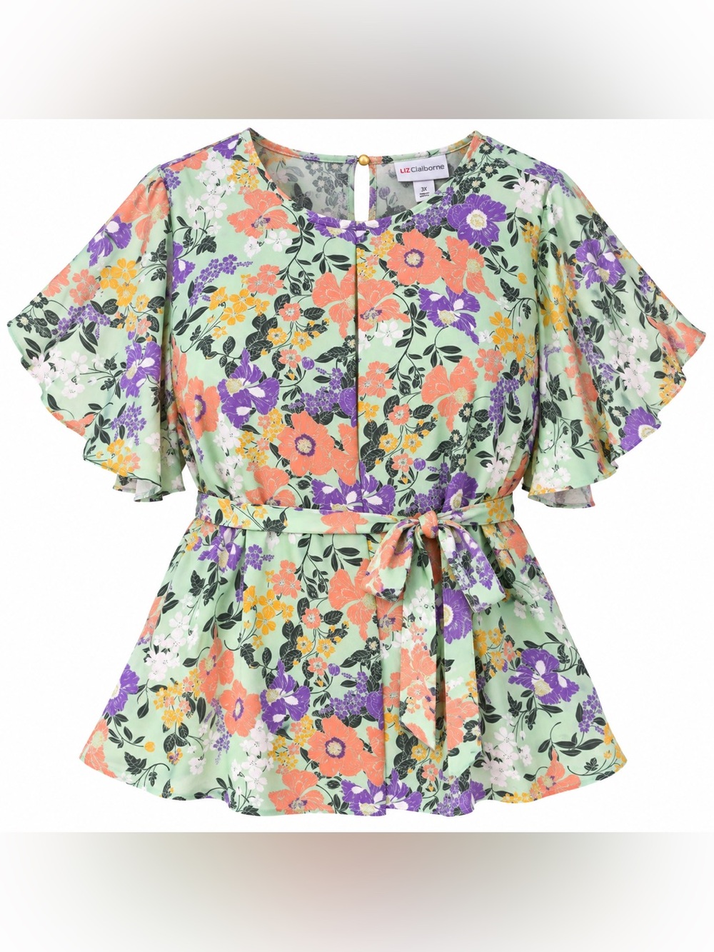 Liz Claiborne Mint Green Floral Tie-Waist Top with Coral & Purple Blooms